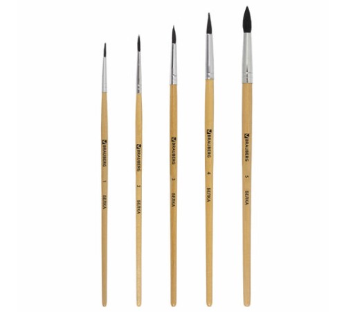 Кисти BRAUBERG, набор 5 шт. (белка, круглые № 1, 2, 3, 4, 5), блистер, 200217