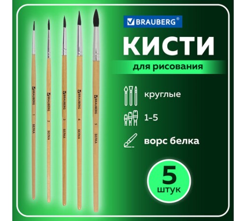 Кисти BRAUBERG, набор 5 шт. (белка, круглые № 1, 2, 3, 4, 5), блистер, 200217
