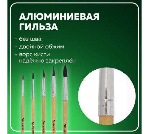 Кисти BRAUBERG, набор 5 шт. (белка, круглые № 1, 2, 3, 4, 5), блистер, 200217