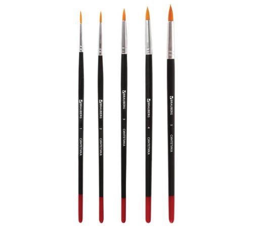 Кисти BRAUBERG, набор 5 шт. (синтетика, круглые № 1, 2, 3, 4, 5), блистер, 200218