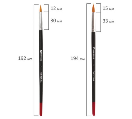 Кисти BRAUBERG, набор 5 шт. (синтетика, круглые № 1, 2, 3, 4, 5), блистер, 200218