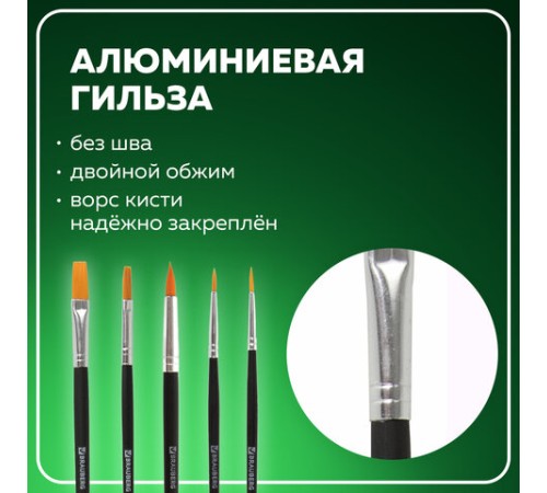 Кисти BRAUBERG, набор 5 шт. (синтетика, круглые № 1, 2, 5, плоские № 5, 8), блистер, 200219