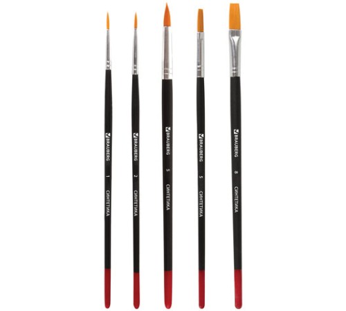 Кисти BRAUBERG, набор 5 шт. (синтетика, круглые № 1, 2, 5, плоские № 5, 8), блистер, 200219