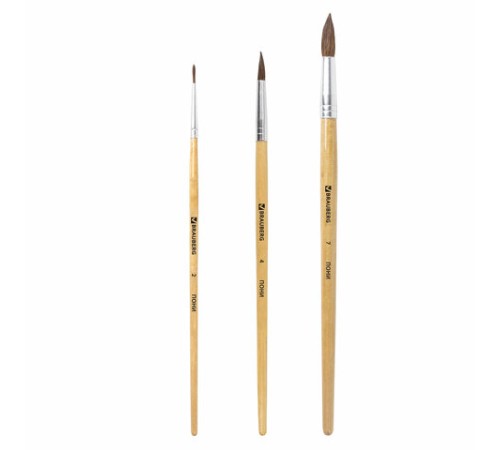 Кисти BRAUBERG, набор 3 шт. (пони, круглые № 2, 4, 7), блистер, 200220