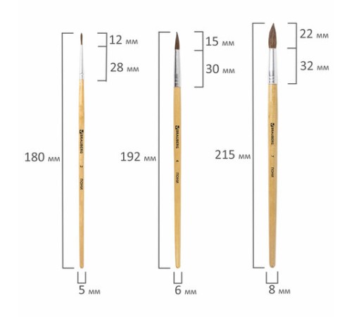 Кисти BRAUBERG, набор 3 шт. (пони, круглые № 2, 4, 7), блистер, 200220