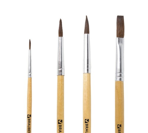 Кисти BRAUBERG, набор 4 шт. (пони, круглые № 2, 3, 4, плоская № 6), блистер, 200221