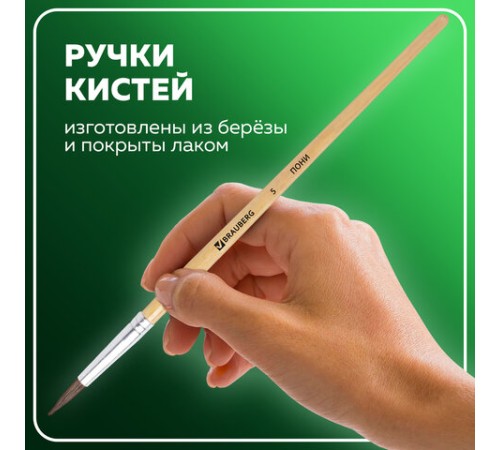 Кисти BRAUBERG, набор 5 шт. (пони, круглые № 1, 2, 3, 4, 5), блистер, 200222