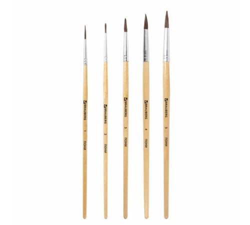 Кисти BRAUBERG, набор 5 шт. (пони, круглые № 1, 2, 3, 4, 5), блистер, 200222