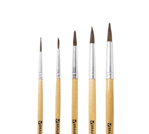 Кисти BRAUBERG, набор 5 шт. (пони, круглые № 1, 2, 3, 4, 5), блистер, 200222