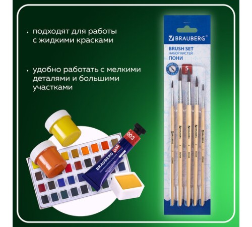 Кисти BRAUBERG, набор 5 шт. (пони, круглые № 1, 2, 3, 4, 5), блистер, 200222