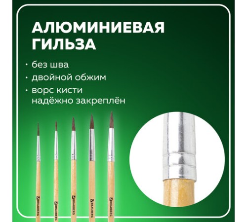 Кисти BRAUBERG, набор 5 шт. (пони, круглые № 1, 2, 3, 4, 5), блистер, 200222