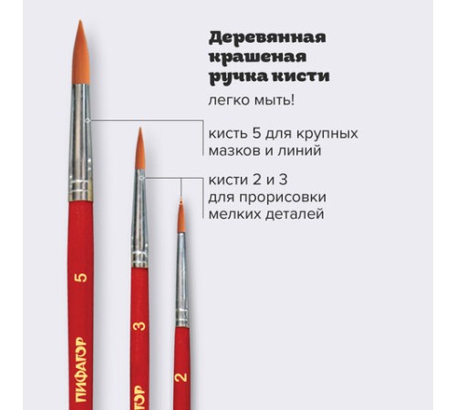 Кисти ПИФАГОР, набор 3 шт. (СИНТЕТИКА: круглые № 2, 3, 5), пакет с европодвесом, 200226