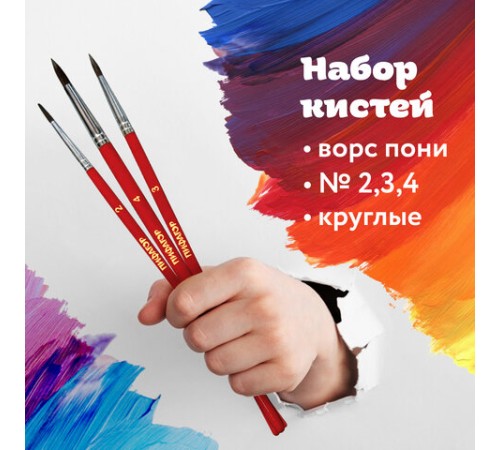 Кисти ПИФАГОР, набор 3 шт. (ПОНИ: круглые № 2, 3, 4), пакет с европодвесом, 200227