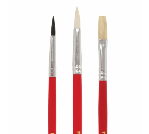 Кисти ПИФАГОР, набор 3 шт. (БЕЛКА: круглая № 3; КОЗА: круглая № 4; ЩЕТИНА: плоская № 6), пакет с европодвесом, 200229