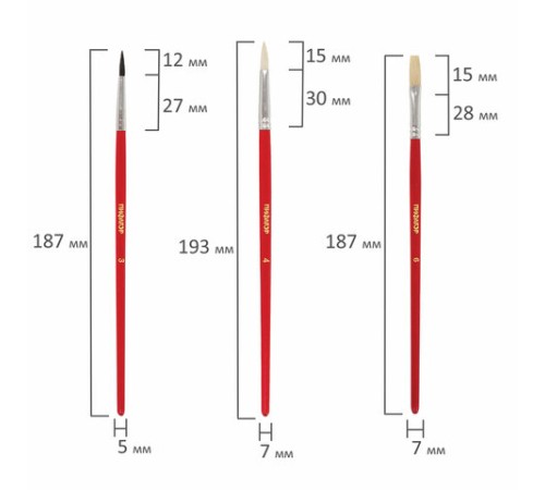 Кисти ПИФАГОР, набор 3 шт. (БЕЛКА: круглая № 3; КОЗА: круглая № 4; ЩЕТИНА: плоская № 6), пакет с европодвесом, 200229