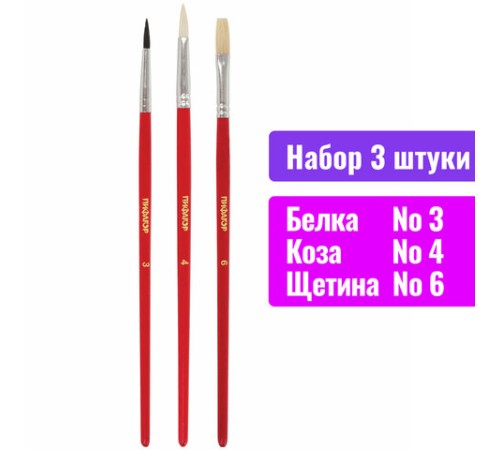 Кисти ПИФАГОР, набор 3 шт. (БЕЛКА: круглая № 3; КОЗА: круглая № 4; ЩЕТИНА: плоская № 6), пакет с европодвесом, 200229