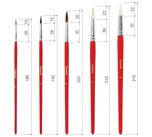 Кисти ПИФАГОР, набор 5 шт. (БЕЛКА: круглая № 3; КОЗА: круглые № 6, 8; ПОНИ: круглые № 2, 5), пакет с европодвесом, 200231