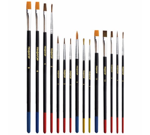 Кисти ПИФАГОР, набор 15 шт. (ПОНИ - 9 шт., СИНТЕТИКА - 4 шт., ЩЕТИНА - 2 шт., круглые, плоские), блистер, 200504