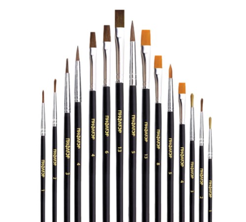 Кисти ПИФАГОР, набор 15 шт. (ПОНИ - 9 шт., СИНТЕТИКА - 4 шт., ЩЕТИНА - 2 шт., круглые, плоские), блистер, 200504