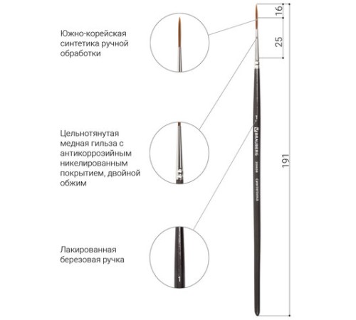 Кисть художественная проф. BRAUBERG ART CLASSIC, синтетика мягкая, лайнер, № 1, короткая ручка, 200638
