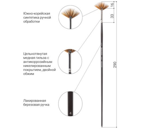 Кисть художественная проф. BRAUBERG ART CLASSIC, синтетика мягкая, веерная, № 4, длинная ручка, 200639