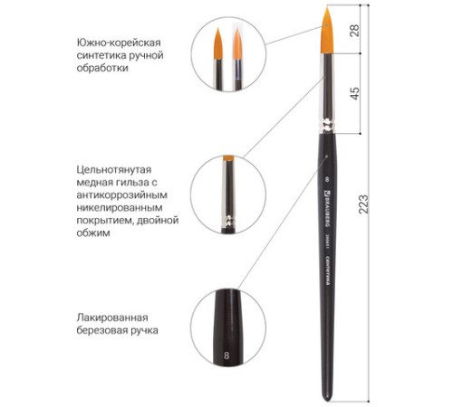 Кисть художественная проф. BRAUBERG ART CLASSIC, синтетика жесткая, круглая, № 8, короткая ручка, 200651