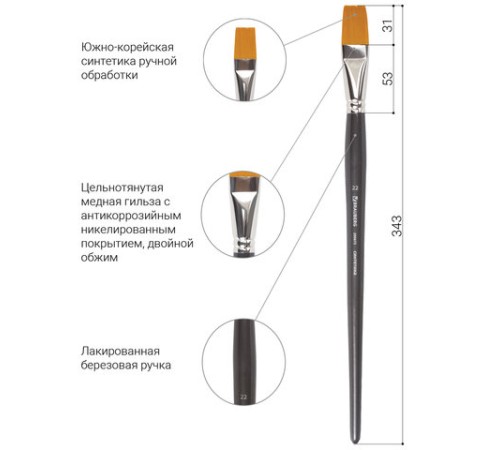 Кисть художественная проф. BRAUBERG ART CLASSIC, синтетика жесткая, плоская, № 22, длинная ручка, 200673