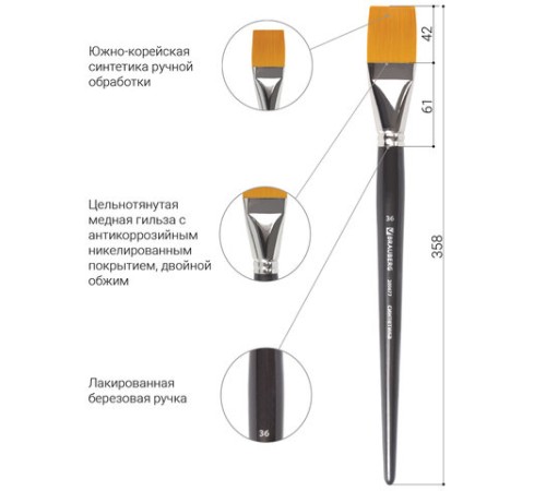 Кисть художественная проф. BRAUBERG ART CLASSIC, синтетика жесткая, плоская, № 36, длинная ручка, 200677