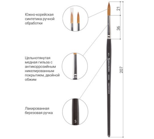 Кисть художественная проф. BRAUBERG ART CLASSIC, синтетика мягкая под колонок, кругл, № 5, кор руч, 200690