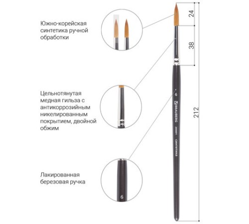 Кисть художественная профессиональная BRAUBERG ART CLASSIC, синтетика мягкая под колонок, круглая, № 6, короткая ручка, 200691