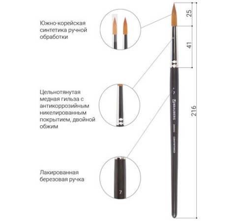 Кисть художественная профессиональная BRAUBERG ART CLASSIC, синтетика мягкая под колонок, круглая, № 7, короткая ручка, 200692