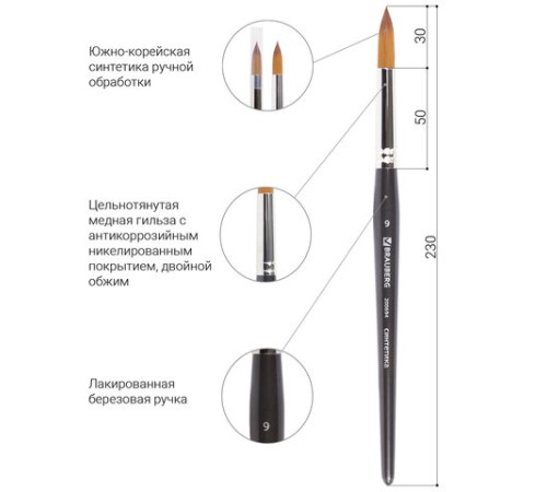 Кисть художественная профессиональная BRAUBERG ART CLASSIC, синтетика мягкая под колонок, круглая, № 9, короткая ручка, 200694
