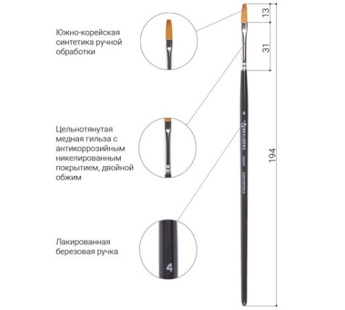 Кисть художественная профессиональная BRAUBERG ART CLASSIC, синтетика мягкая под колонок, плоская, № 4, короткая ручка, 200697