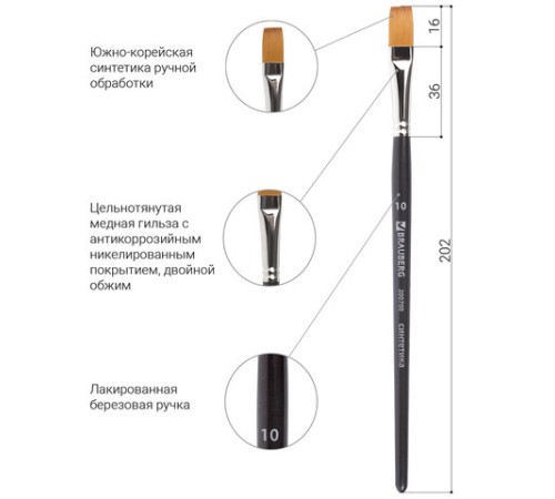 Кисть художественная профессиональная BRAUBERG ART CLASSIC, синтетика мягкая под колонок, плоская, № 10, короткая ручка, 200700