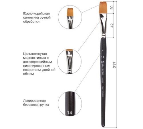 Кисть художественная профессиональная BRAUBERG ART CLASSIC, синтетика мягкая под колонок, плоская, № 14, короткая ручка, 200702