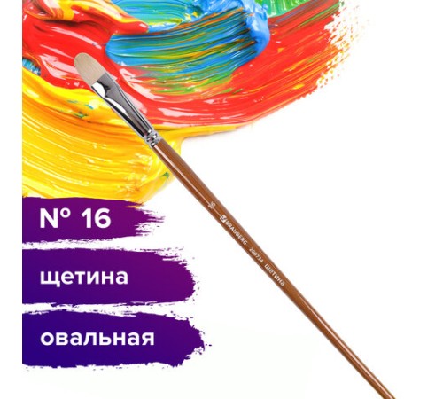 Кисть художественная профессиональная BRAUBERG ART CLASSIC, щетина, овальная, № 16, длинная ручка, 200734