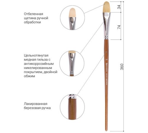 Кисть художественная профессиональная BRAUBERG ART CLASSIC, щетина, овальная, № 24, длинная ручка, 200738