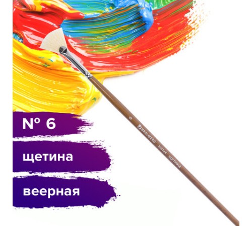 Кисть художественная профессиональная BRAUBERG ART CLASSIC, щетина, веерная, № 6, длинная ручка, 200744