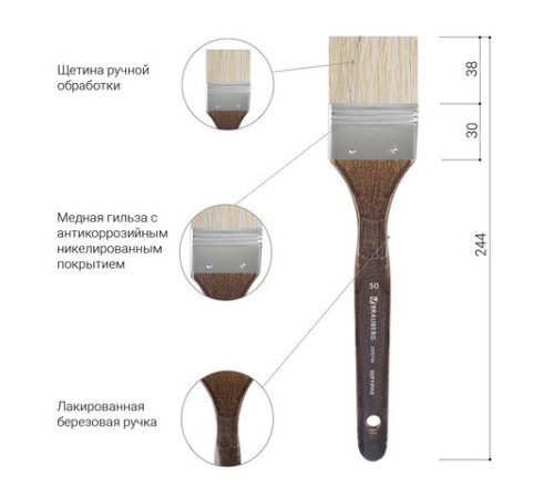 Кисть художественная профессиональная BRAUBERG ART CLASSIC, щетина, флейц, № 50, короткая ручка, 200746