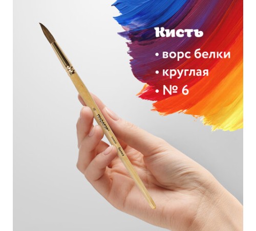 Кисть ПИФАГОР, БЕЛКА, круглая, № 6, деревянная лакированная ручка, с колпачком, пакет с подвесом, 200820