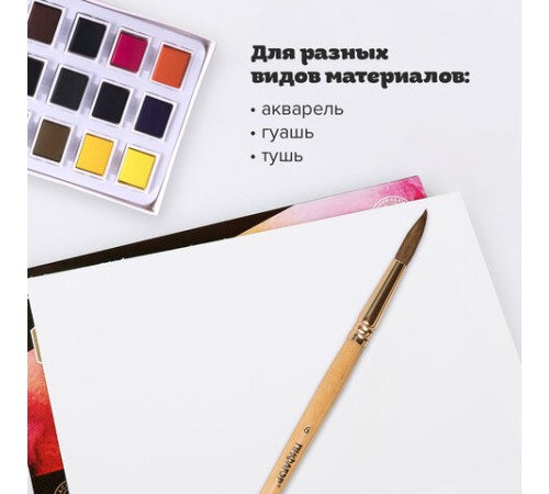 Кисть ПИФАГОР, БЕЛКА, круглая, № 6, деревянная лакированная ручка, с колпачком, пакет с подвесом, 200820