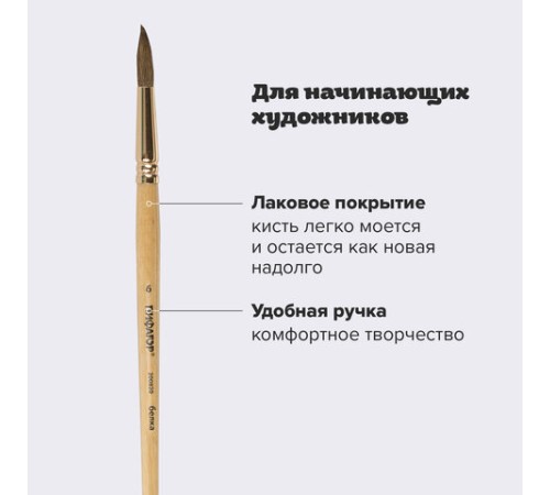 Кисть ПИФАГОР, БЕЛКА, круглая, № 6, деревянная лакированная ручка, с колпачком, пакет с подвесом, 200820