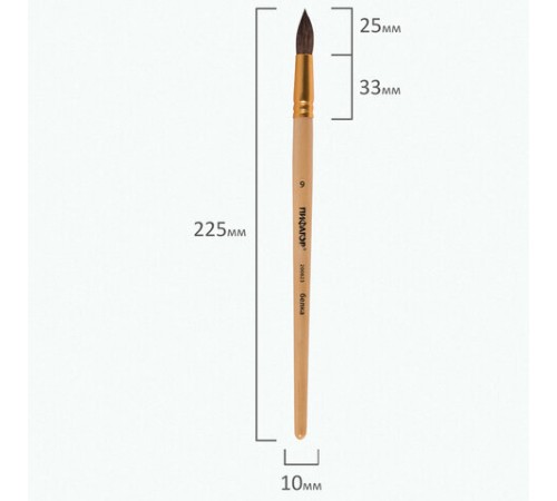 Кисть ПИФАГОР, БЕЛКА, круглая, № 9, деревянная лакированная ручка, с колпачком, пакет с подвесом, 200823