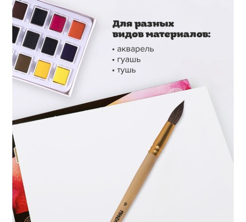 Кисть ПИФАГОР, БЕЛКА, круглая, № 9, деревянная лакированная ручка, с колпачком, пакет с подвесом, 200823