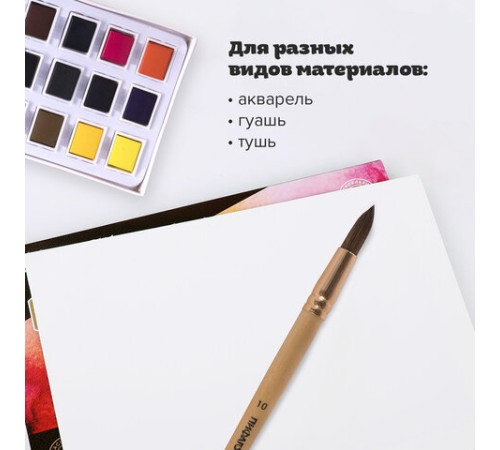 Кисть ПИФАГОР, БЕЛКА, круглая, № 10, деревянная лакированная ручка, с колпачком, пакет с подвесом, 200824