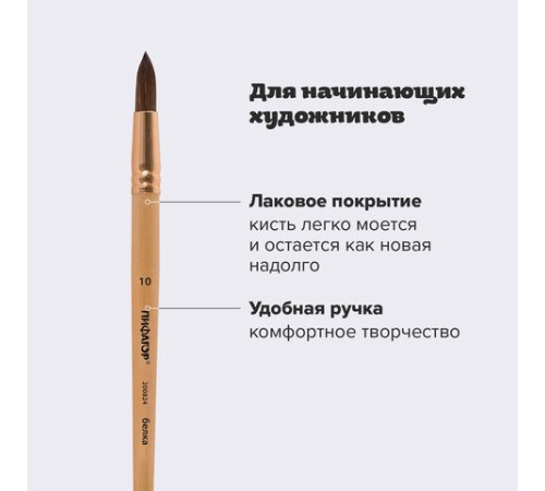 Кисть ПИФАГОР, БЕЛКА, круглая, № 10, деревянная лакированная ручка, с колпачком, пакет с подвесом, 200824