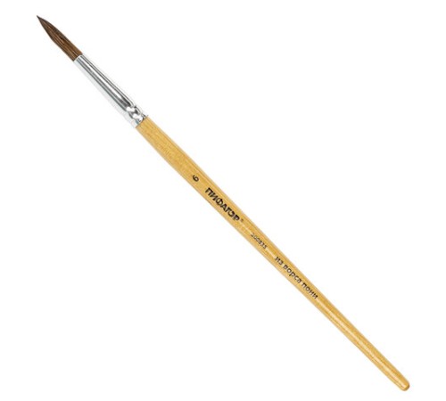 Кисть ПИФАГОР, ПОНИ, круглая, № 6, деревянная лакированная ручка, колпачок, пакет с подвесом, 200835