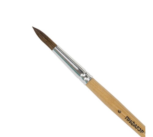 Кисть ПИФАГОР, ПОНИ, круглая, № 6, деревянная лакированная ручка, колпачок, пакет с подвесом, 200835