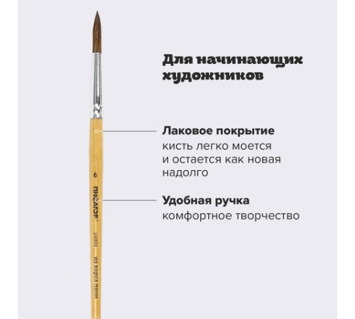 Кисть ПИФАГОР, ПОНИ, круглая, № 6, деревянная лакированная ручка, колпачок, пакет с подвесом, 200835