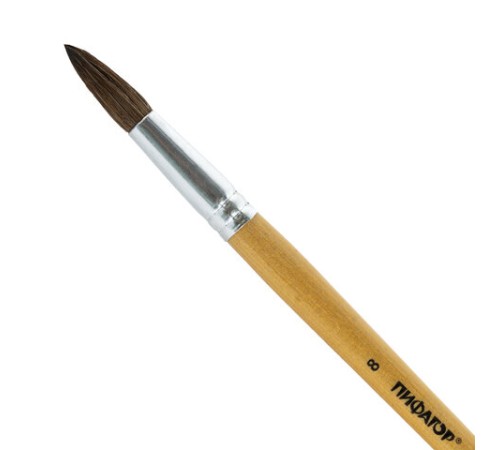 Кисть ПИФАГОР, ПОНИ, круглая, № 8, деревянная лакированная ручка, колпачок, пакет с подвесом, 200837